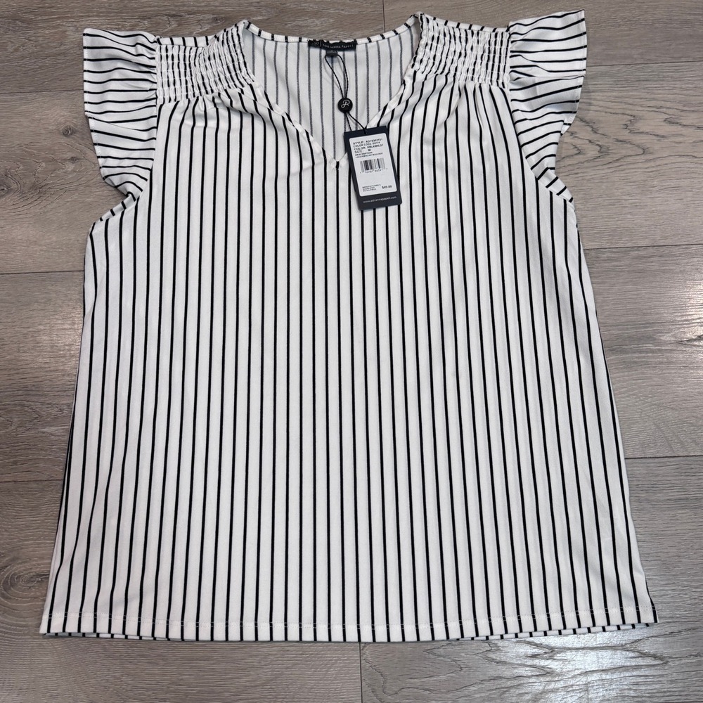 Adrianna Papell Womens Ivory Black Striped Flutter Sleeve V-Neck Top Medium NWT